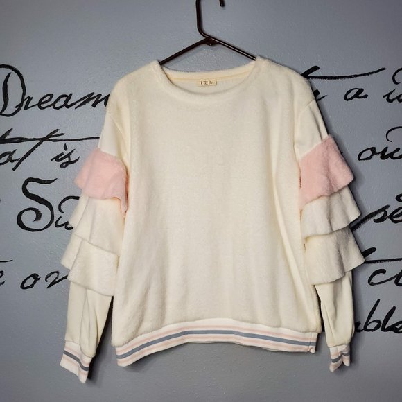 POL Pastel Cream, Pink, and Grey Soft Tiered Ruffle Long Sleeve Sweater, S - Picture 1 of 7